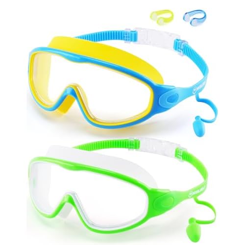 WIN.MAX Swimming Goggles 2 Pack Anti Fog Anti UV Clear View for Men Women Boys Girls,Swim Goggles for Adults Youth Kids 4-14 Kid-blueyellow Clear Lens&greenwhite Clear Lens