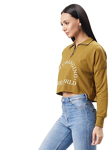 Image of Dolce Crudo Women's Olive Round Neck Full Sleeve Solid Boxy Printed Crop Sweatshirt