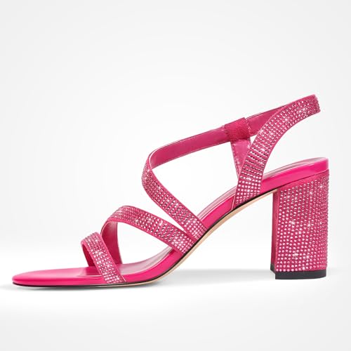 Image of Heels For Women Heeled Sandals High Chunky Heels Strappy Open Toe Rhinestone Round Toe Comfortable Sparkly Dress Wedding Shoes Bridal Prom