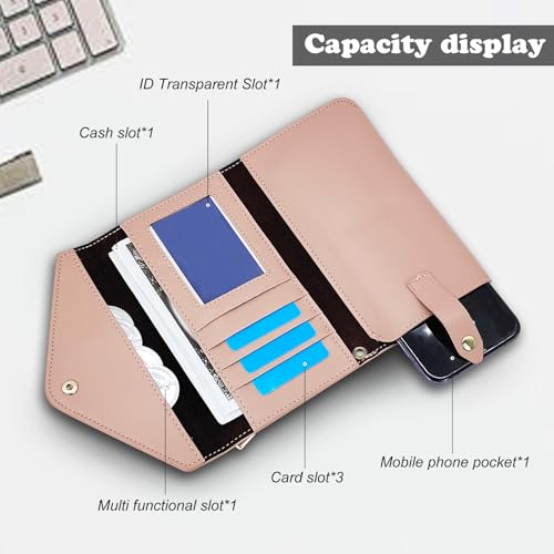FuninCrea Long Wallet for Woman with Wrist Strap for Cell Phone, Envelope-Shaped Womens Wristlet Wallets Faux Leather Womens Wallet with Card Slots and Zipper Pocket (Pink)4