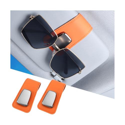 Sandfren Car Sunglass Holders, 2PCS Leather Vehicle Sun Visor Eyeglasses Hanger Clip, One Handed Operation Automotive Interior Glasses Ticket Storage Clamp Accessories, Universal Fit(Orange)