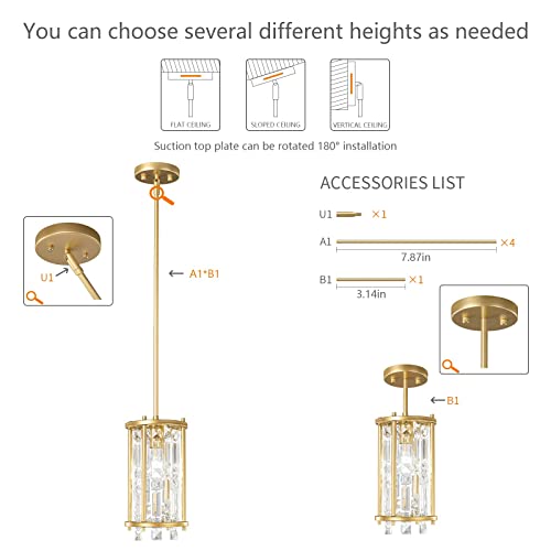 Image of LMQNINE Modern Gold Pendant Lights Kitchen Island, Crystal Chandelier Lights Fixture, Elegant Adjustable Pendant Lighting for Dining Room Bedroom (Round 1-Light)