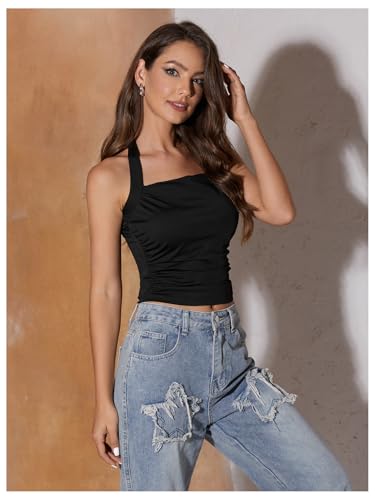 SOLY HUX Women's Ruched Halter Y2K Crop Tops Tie Back Sleeveless Slim Fit Cami Tops4