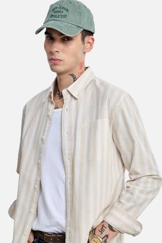 Image of SNITCH Men Casual Shirt | Regular Fit Long Sleeve Button-Down Collar Striped Pattern | 100% Cotton Breathable Fabric Smart Casual Summer Styling