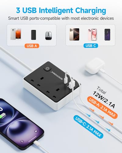 Black Extension Lead 1M with 3 USB Slots (1 USB C), 2 Gang Short Extension Lead with Switch, Small Power Strip for Travel Home Bedroom Kitchen Office, Surge Protected, Black - Image 2