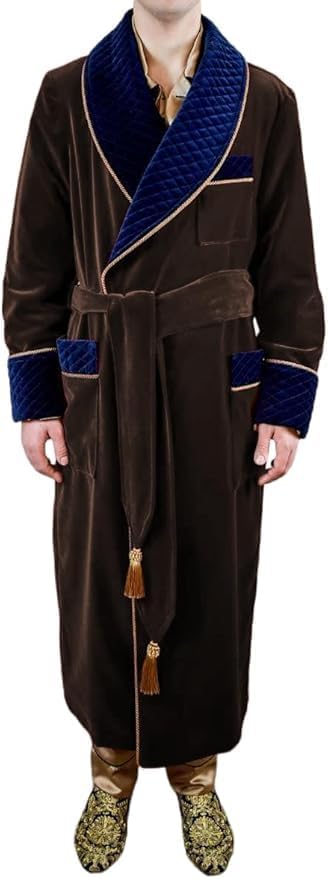 Men’s Luxurious Velvet Smoking Robe - Quilted Shawl Collar, Elegant Dressing Gown with Belt & Tassels