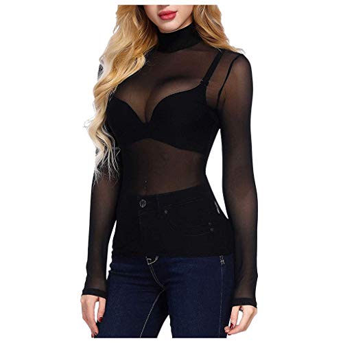Haut Transparent Femme Tee Shirt Manches Longues Sheer Mesh Top Moulant Sexy Chemise en Voile Blouse Tulle Noir pour Soirée Club (Noir, L)