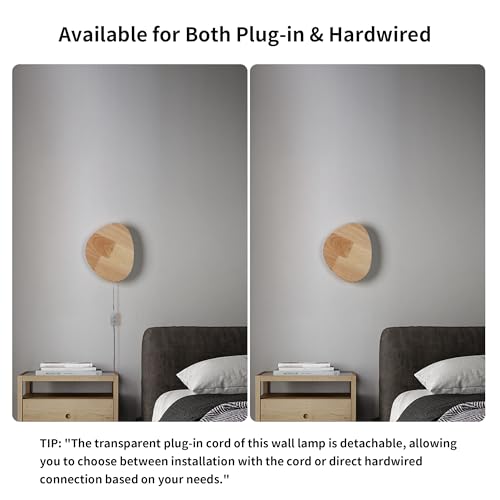 Image of Modern Minimalist Plug in Wall Sconces, 9.4'' Plug-in Or Cordless Wood Backlight LED Wall Lamp, 12W, 1100LM Warm White Brightness Wall Light Fixtures for Bedroom, Living Room Wall Decor