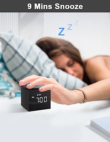 Image of JALL Digital Alarm Clock, with Wooden Electronic LED Time Display, 3 Alarm, 2.5-inch Cubic Small Mini Wood Made Electric Clocks for Bedroom, Bedside, Desk, Black