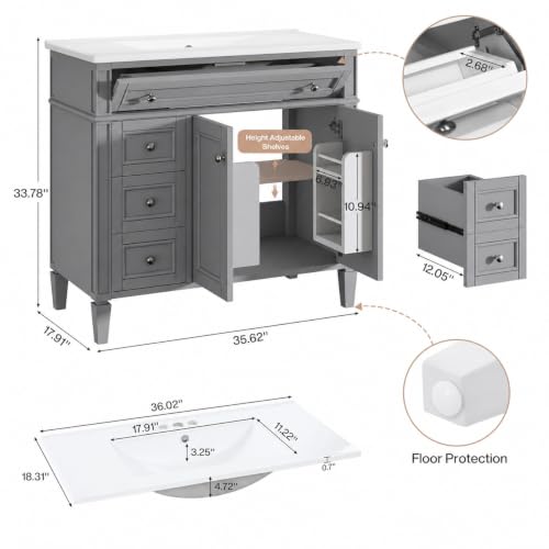 Tribesigns 36" Bathroom Vanity with Sink, Modern Bathroom Sink Cabinet with 3 Drawers & 2 Doors, Bath Storage Vanity Sink with Metal Handles, Solid Wood Frame, Paint Surface Grey by Tribesigns - Image 2