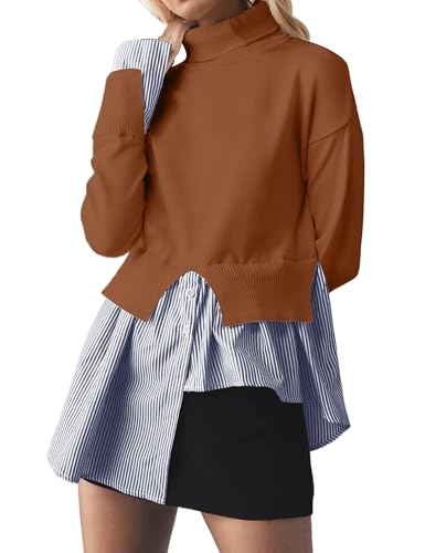 Image of Women Asymmetrical Patchwork Sweaters Slit Turtleneck Pullover Sweater Dress 2 in 1 Sweater Shirt Tunic Sweater Tops