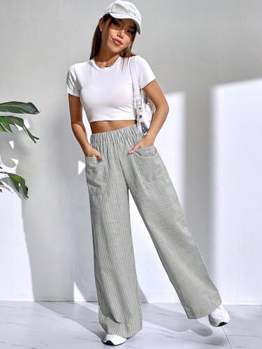 Women's Elastic High Waist Pocket Front Striped Print Wide Leg Pants4