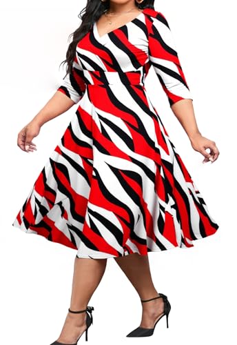 Image of Womens Plus Size Dresses Faux Wrap Summer Dress 3 /4 Sleeves V Neck 1950s Retro Vintage Wedding Party Midi Dress
