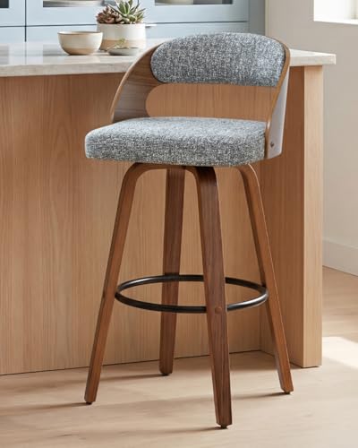 Image of AQG Swivel Bar stools Set of 2 Bar Chairs 26 inch Counter Height Mid-Century Modern Bentwood Barstool Faux Linen Upholstered Bar Chair with Back and Footrest, for Bar, Cafe, Dining, Kitchen Island, Gray