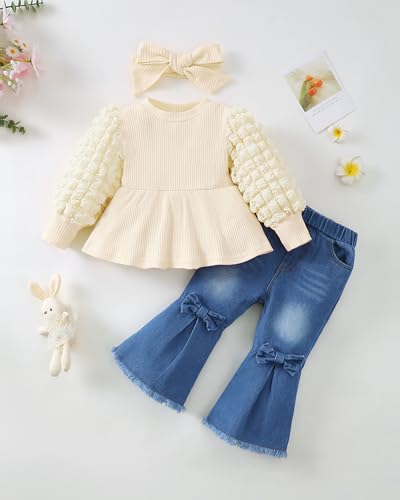 Renotemy Toddler Baby Girl Clothes Fall Winter Outfit Puff Bubble Sleeve Sweatshirt Denim Bell Bottom Jeans Matching Outfits2