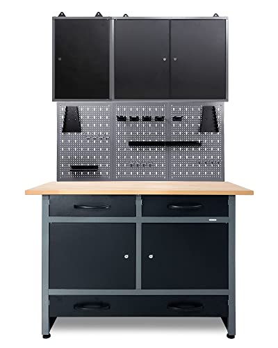 Ondis24 Werkstatteinrichtung 4 teilig Werkstatt Werkbank Werzeugschrank Euro - Lochwand mit Haken Buchenholzarbeitsplatte