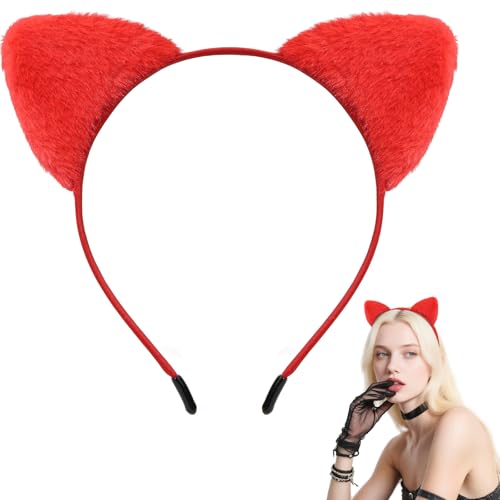 Black Cat Ears Headband Furry - Halloween Cat Woman Ears for Women Cat Costume Accessories Kitty Ears (Red)