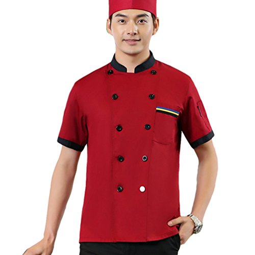 Dooxii Unisexo Mujeres Hombre Verano Manga Corta Camisa de Cocinero Moda Transpirable Chaquetas de Chef Uniforme Cocina Restaurante Occidental Rojo 3XL Cover