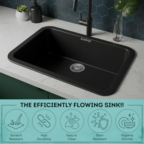 Image of BASINQU Quartz Sink for Kitchen | 24x18x9 Inches Black Single Bowl Sink For Kitchen Basin Round Corner Kitchen Sink | Granite UV Protected Scratch Resistant, Undermount /Topmount Kitchen Sinks