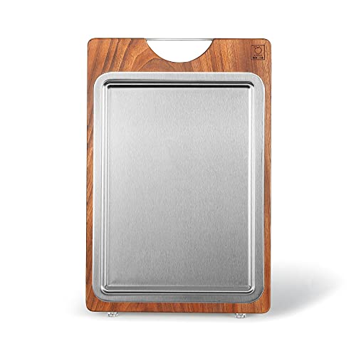 MITSUMOTO SAKARI Schneidebrett, 40×27×3cm Professionelles Schneidebrett Holz Aus Birnbaumholz, Doppelseitiges Frühstücksbrettchen Für Rohe Und Gekochte Speisen Mit Gerilltem Küchenbrett Aus Edelstahl Cover