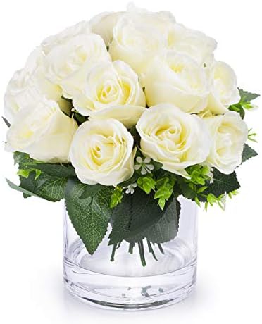 Silk Open Rose Flower Arrangement in Clear Glass Vase with Faux W...