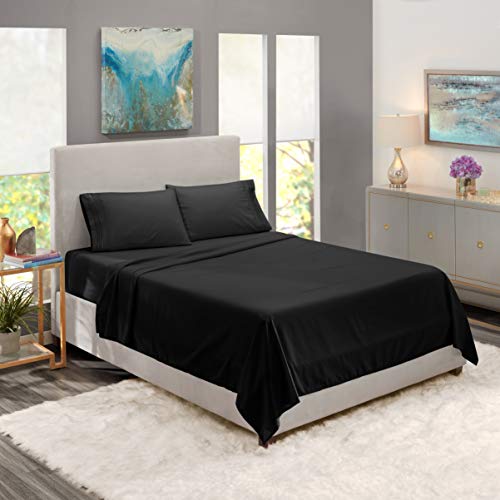 Image of Nestl Short Queen Bed Sheet Set - Black - 4-Piece Deep Pocket | Instantly Soft, Night-One Ready (No Wash Required). Fits 16-Inch Deep Pockets, 360-Degree Elastic Grip