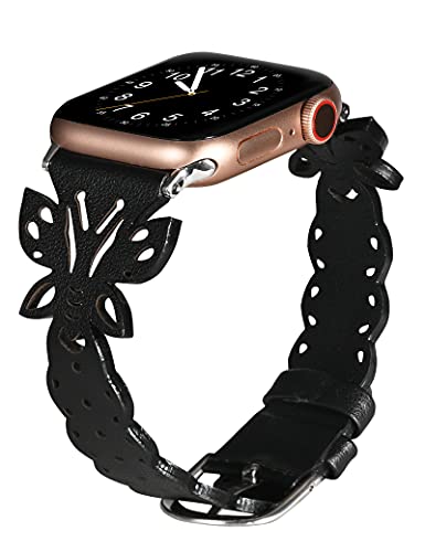 TOYOUTHS Butterfly Bands Compatible with Apple Watch Band 38mm 40mm 41mm Women, Hollowed-out Leather iWatch Bands Bracelet Wristbands Straps for Apple Watch Bands Series 7/6/SE/5/4/3/2/1, Black