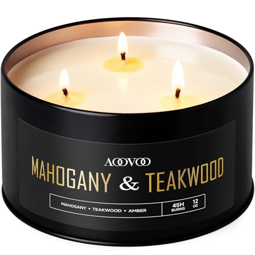 AOOVOO Mahogany Teakwood Candles for Men - 3 Wick 12oz Large Scented Candle Long Lasting Soy Candles for Home Scented Strong Fragranced Masculine Black Candle Gift for Father Day Women & Men