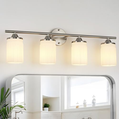 Image of Jonsi Nickel Bathroom Light Fixtures 4-Light Vanity Lights Modern Wall Sconce with Milk White Shade Brushed Nickel Bathroom Light Fixture Over Mirror for Bedroom Hallway Kitchen
