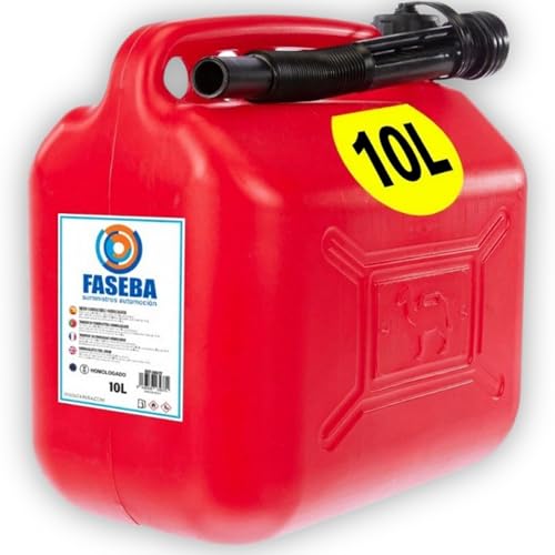 Bidon Gasolina 10l - Con Embudo de Boquilla Flexible para evitar derrames - Con Visor de Nivel para facilitar la visibilidad - Con Homologación Oficial - De Plástico HDPE Duradero y Resistente