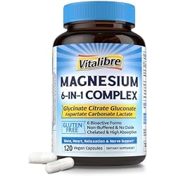 Vitalibre 6 in 1 Magnesium Complex for Women Men, 260mg Elemental Magnesium | Max Absorption | Chelated Magnesium Supplement for Bone, Relaxation & Nerves Support | Non-GMO, 120 Vegan Capsules