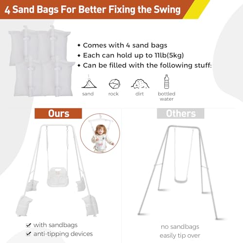 Image of FUNLIO 2 in 1 Swing Set for Toddler & Baby Jumper, Heavy Duty Kids Swing & Bouncer with 4 Sandbags, Foldable Metal Stand for Indoor /Outdoor Play, Easy to Assemble and Store - White