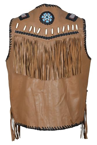 Image of Men's Western Cowhide Suede & Leather Vest - Beaded Fringe Yoke & Back Native-Inspired Cowboy Biker Vest