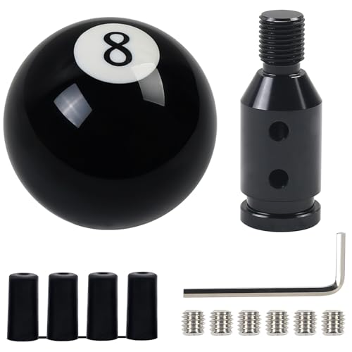 Gemsaya Universal Schaltknauf Rund Schwarz 8 Ball Billard, Acryl 4 5 6 Gang Hebel Griff Schalthebel Aluminium Legierung Schaltknauf Adapter Mit Einbausatz für Manuelle Schalthebel ohne Gewinde