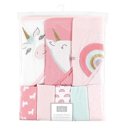 Image of Hudson Baby Unisex Baby Animal Hooded Towel 3pk and 15 Washcloths, Unicorn, One Size