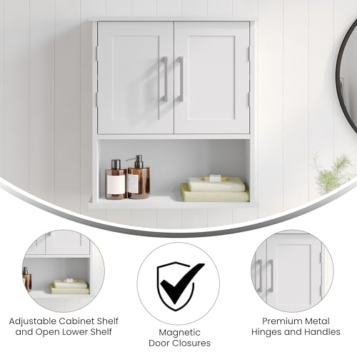 Flash Furniture Vega Wall Mounted Bathroom Medicine Cabinet Storage Organizer, 2 Magnetic Closure Doors, in-Cabinet Adjustable Shelf, Lower Open Shelf, White by Flash Furniture - Used condition - Image 3