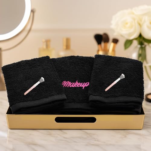 Image of DAN River Black Makeup Towels - Pack of 6 (13x13 in) - Ultra Soft Cotton Face Towels with Embroidery - Reusable, Quick-Dry & Machine Washable Makeup Remover Cloths for Bathroom, Spa & Salon