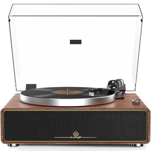 Turntable Record Player with Built-in Speakers, Vinyl Record Player Support Bluetooth Playback Auto Stop 33&45 RPM Speed RCA Line Out AUX in All-in-one Belt-Drive Turntable for Vinyl Records