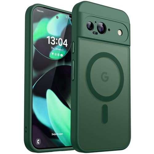 CANSHN Magnetic for Google Pixel 9 Case(6.3 Inch) Upgraded [Full Camera Protection] [Compatible with Magsafe] [Translucent Matte] Shockproof Protective Phone Cover Deep Green
