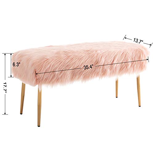 Faux Fur Vanity Bench Entryway Bench Furry Long Hair Pink Ottoman DM Furniture Fuzzy Bench with Metal Legs for Living Room, Bedroom, Dining Room, Home Decorative, Pink