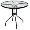 Goplus 32 Outdoor Round Patio Table with Umbrella Hole All Weather Dining Table Tempered Glass Top Bistro Table Coffee Table Furniture Commercial Party Event for Backyard Lawn Balcony Pool
