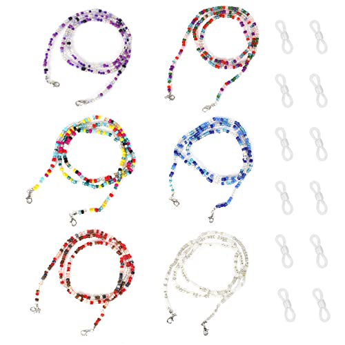 Brillenkette Perlen Damen, 6 Stücke bunte Brillenband Brillenschnur Brillen Cord Lanyard Strap Brillenkordel Brillenhalter für Sonnenbrille Lesebrille Sportbrillen mit 12x Brillenschlaufen