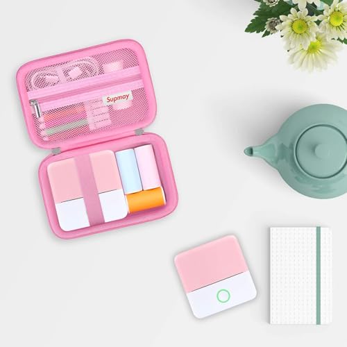 Image of Carrying Case for cudinham Print Pods Mini Printer, Thermal Inkless Sticker Maker Storage Holder Bag with Mesh Pocket for Rolls Print Pods Printing Paper, Power Cable, Pink