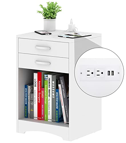 Image of HOSEOKA White Nightstand with Charging Station 2 Drawer Bedroom Wood Sofa Side Table End Table with USB Ports and Storage For Small Kids
