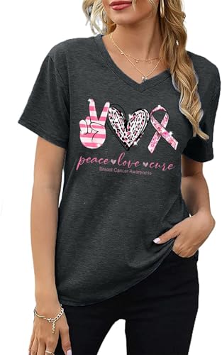 Breast Cancer T Shirt Women Pink Ribbon Shirts Funny Letter Print Cancer Fighter Tees Short Sleeve V-Neck Tops2