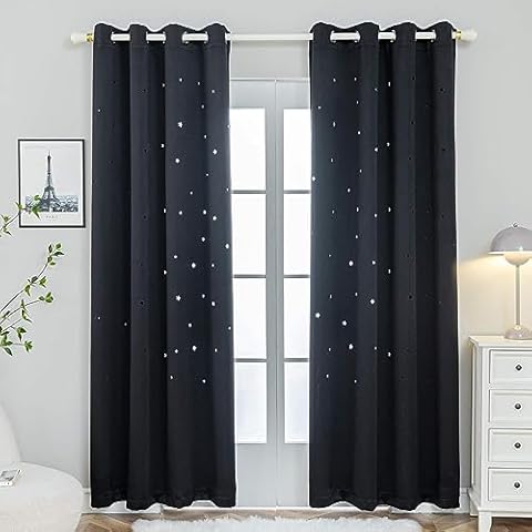 Anjee Punched Out Star Curtains for Kids Room, 2 Panels Starry Sky Blackout Curtains Window Treatments for Nursery and Bedroom, W52 x L84 Inches, Black Cover