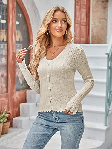 Yoesee Women's Open Front Cardigan Sweater Hollow Out Button Down Casual Knit Sweater Coat Apricot #TOP1