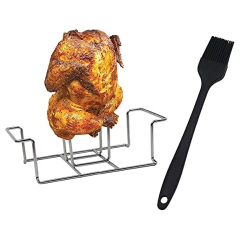 Porssaut Chicken Roaster Rack Grilled Chicken Racks Stainless Steel Holder Poultry Grills Ovens Tool Outdoor Indoor Bbq Grill with Silicone Brush Cover