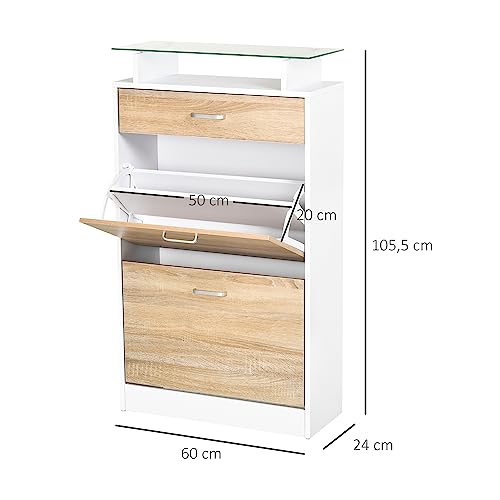 Miniatura 3 de Homcom Mueble Zapatero Armario Zapatero Con 3 Cajones Estante De Vidrio Y Asa De Aluminio Para Pasillo Entrada Carga 50 Kg 60x24x105,5 Cm Natural