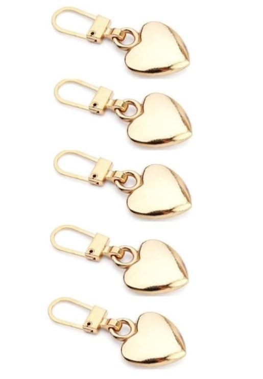 5Pcs Bright Gold Heart Shaped Zipper Pull Replacement Metal Zipper Backpack Zippers Mend Fixer Repair for Coats Jackets Pants Luggage Sewing Notions